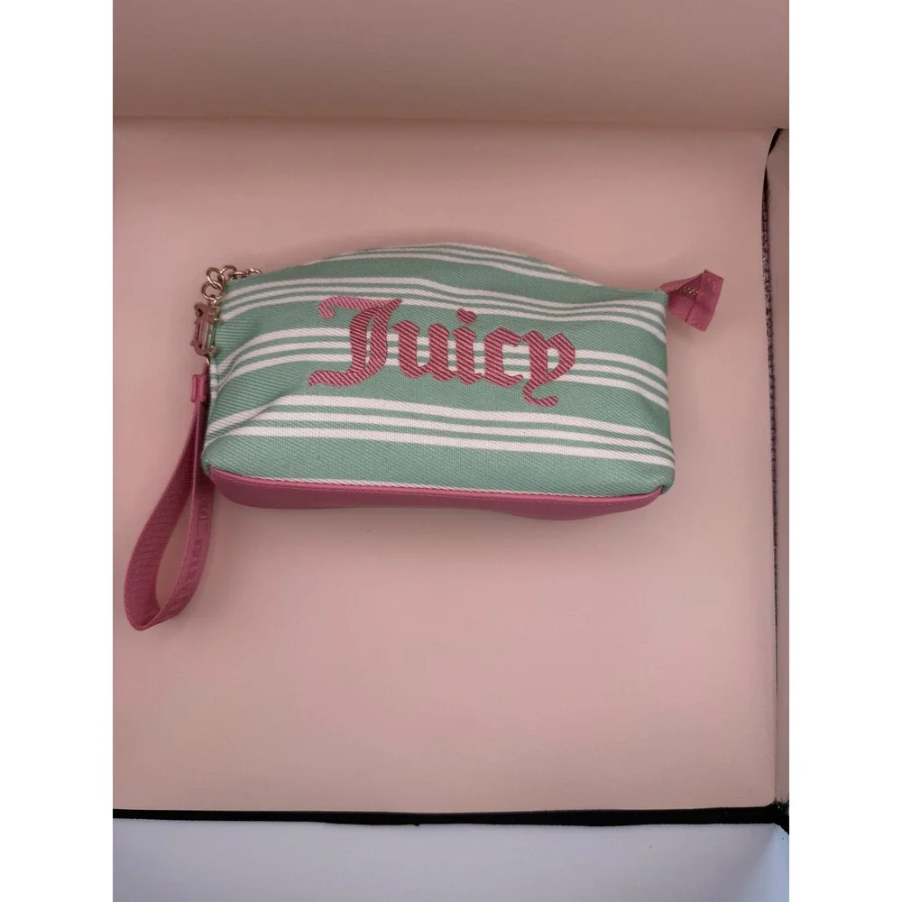 Juicy Couture Striped Canvas Wristlet Pouch Mint‎ Pink Paradise Makeup Bag NWOT